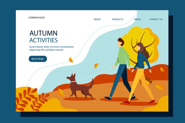 在公园遛狗的男女。着陆页模板。秋季插画的平面风格。在新鲜空气中积极休息的概念。图片下载