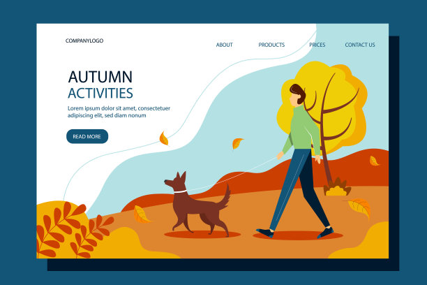 秋天在公园遛狗的人。登陆页，健康生活方式概念插画，户外活动。图片下载