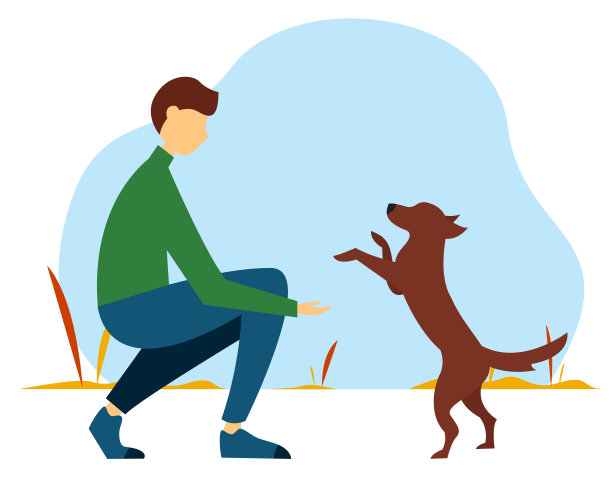 男人在公园里和狗玩耍，扁平风格的可爱秋季插画图片下载