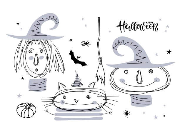 女巫和猫。万圣节人物肖像的涂鸦轮廓风格。万圣节快乐，书法，字体，可爱的人物。黑白手绘矢量插图。幽灵的形象图片下载