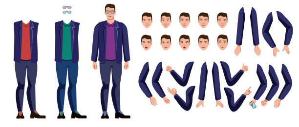 平面矢量男性角色为您的场景。用于设计和动画的身体部分模板。时尚的年轻人。图片下载