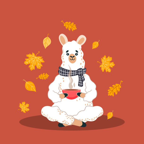 一只可爱的羊驼(大羊驼)正坐在莲座上喝着热饮图片下载