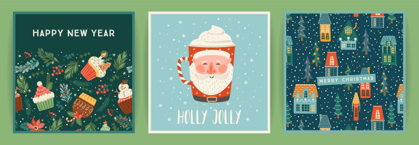一套圣诞和新年贺卡。可爱明亮的插图见证新年的象征..矢量设计。图片下载