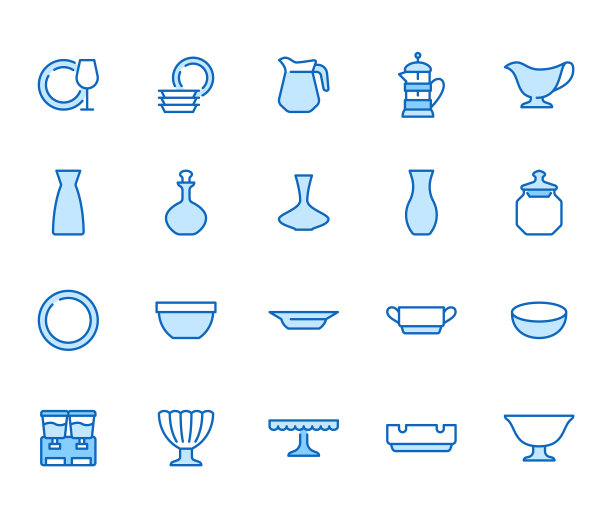 玻璃插图包括图标餐具-盘子，壶，盘子，烟灰缸，碗，玻璃瓶最小矢量插图。简单的细线艺术关于餐具。蓝色，可编辑笔画图片下载