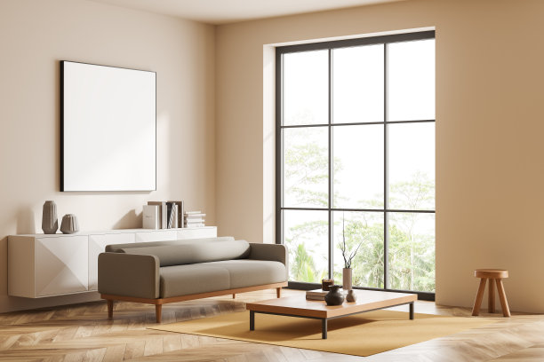 室内有沙发和茶几，全景窗和模型框架图片下载