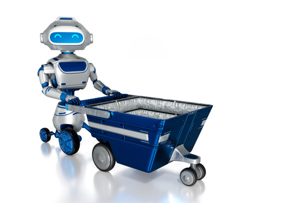 智能机器人的3D渲染，一个人工智能驱动的购物者，在白色的工作室背景下脱颖而出。图片下载