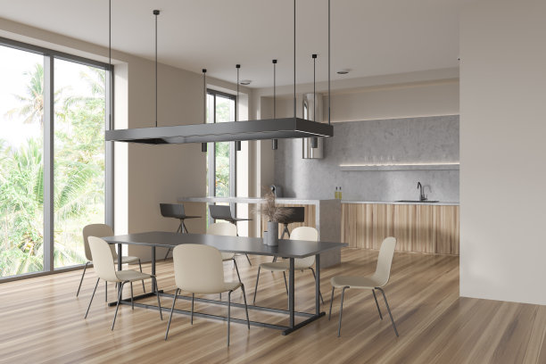 角上的现代明亮的工作室房间内部与岛图片下载