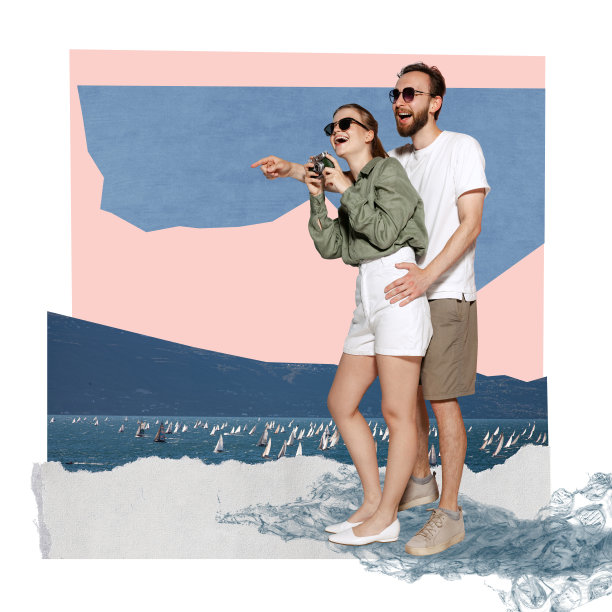 当代艺术拼贴。年轻相爱的情侣在夏天一起旅行，拍下美丽的风景图片下载