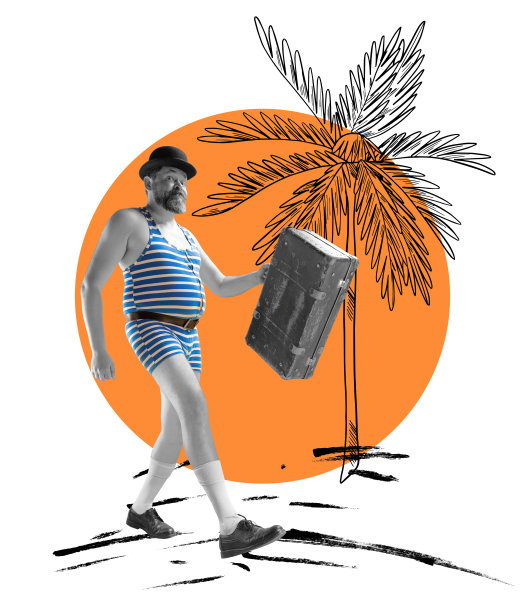 当代艺术拼贴。快乐的男人穿着条纹复古泳衣和手提箱走在海滩棕榈树附近图片下载