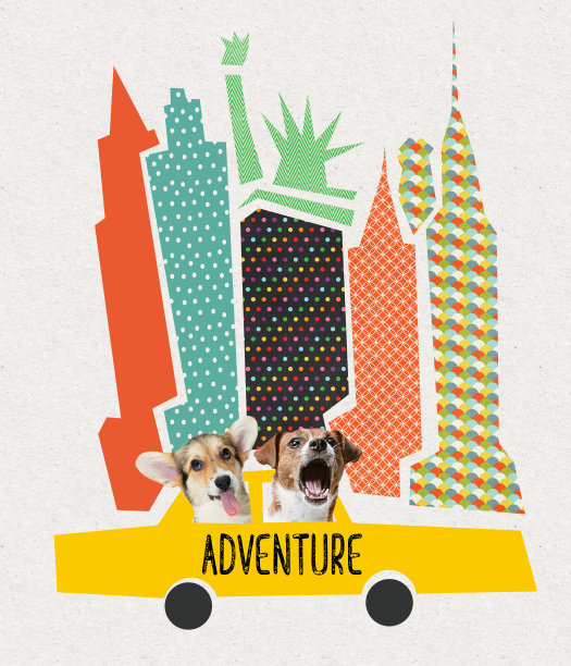 当代艺术拼贴。创意设计:两只狗骑在黄色的美国出租车上图片下载