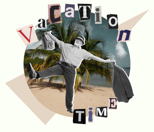 当代艺术拼贴。快乐的老人正在海滩上度过暑假。图片下载