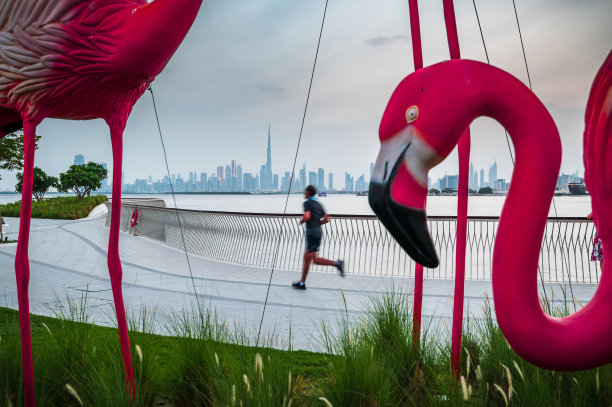 日落时分从迪拜湾港口眺望市中心摩天大楼，阿拉伯联合酋长国图片下载