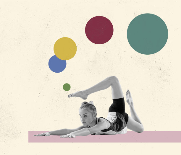 当代艺术拼贴画年轻的运动女孩做瑜伽练习，伸展在地毯上孤立的背景与几何元素。图片下载