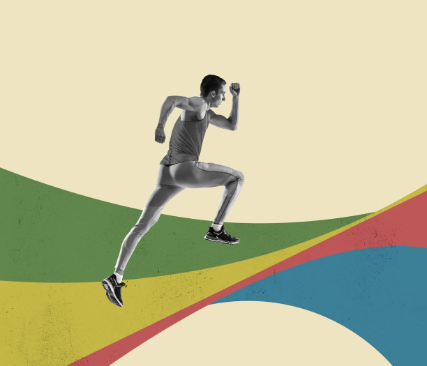 专业的跑步者，慢跑者在抽象的彩色背景。现代设计，当代拼贴。灵感，想法，杂志风格，时尚和风格。图片下载