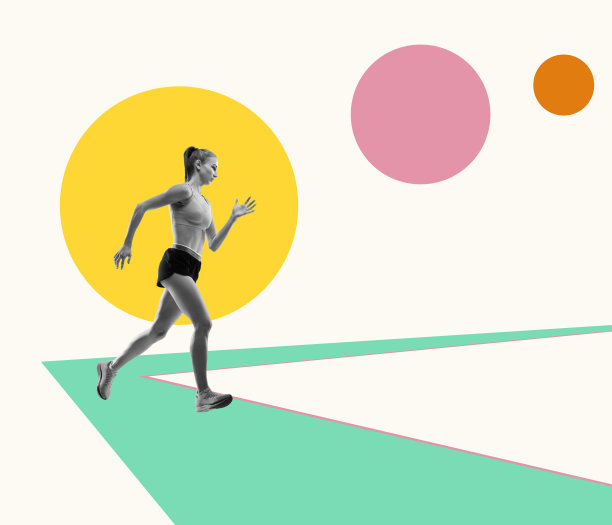 专业的跑步者，慢跑者在抽象的彩色背景。现代设计，当代拼贴。灵感，想法，杂志风格，时尚和风格。图片下载