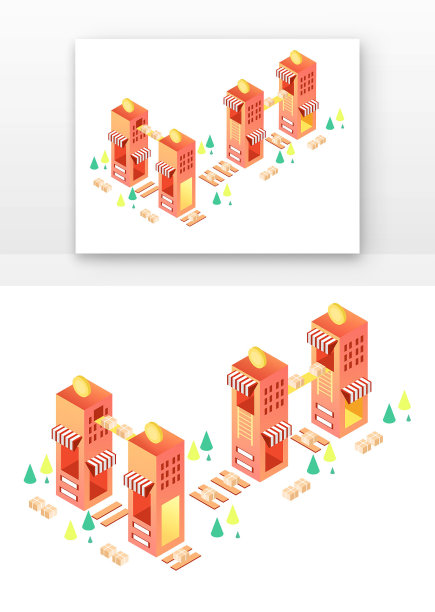 2.5D橘黄色11商店树木图片下载