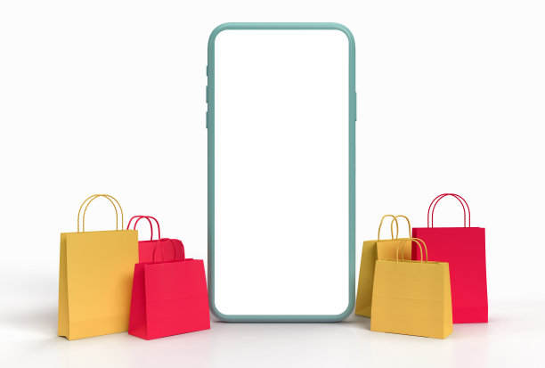 网上购物3D渲染。商业概念和数字在线营销与智能手机，购物袋在背景。屏幕上带有剪切路径的模型模板图片下载