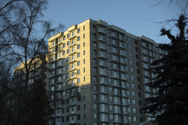 城市里的新建筑。建筑在树林中。农村的公寓楼。图片下载