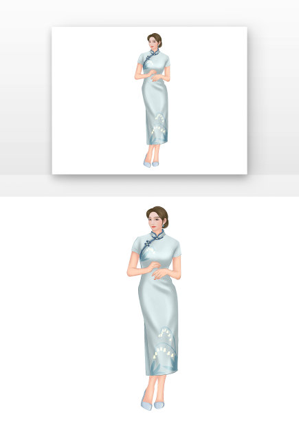 浅蓝色旗袍女人元素图片下载
