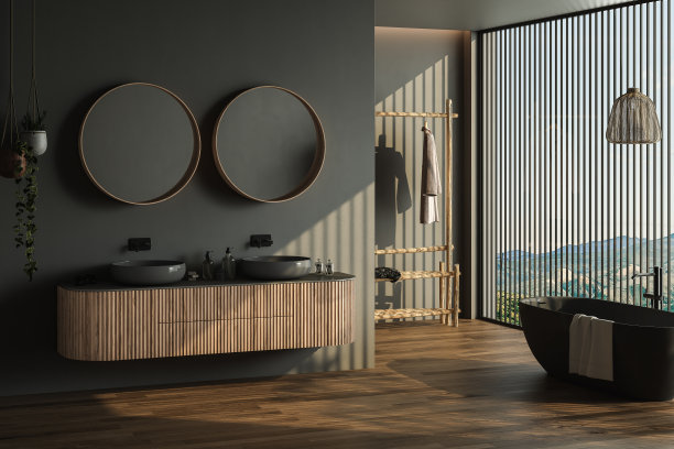 现代浴室内部深棕色镶木地板，两个黑色水槽，双镜子，黑色浴缸，室内植物，黑色墙壁。极简风格的浴室配有现代家具。三维渲染图片下载