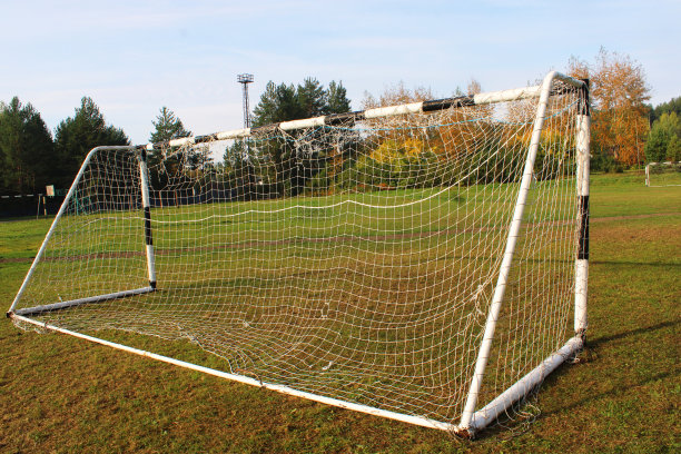 足球场和秋天的森林为背景的古老的足球球门图片下载