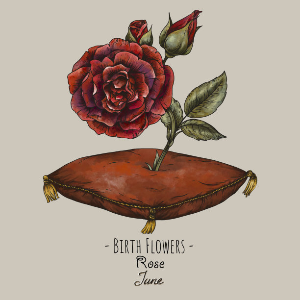 复古手画出生月花，玫瑰花，六月魔术花插画图片下载