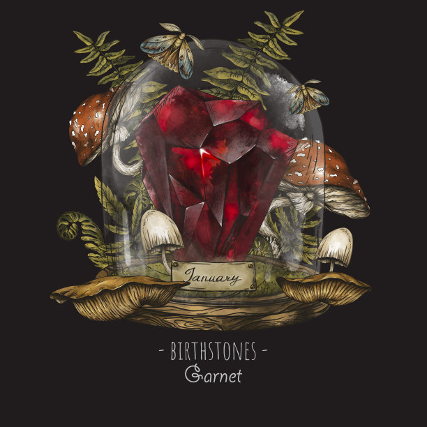 复古诞生石，石榴石宝石，一月魔法插图图片下载