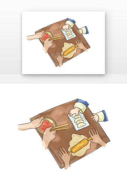 俯视三人冬至子包饺子元素图片下载