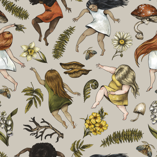 跳舞的年轻女孩无缝模式，绿色女巫质地，神奇的植物墙纸图片下载