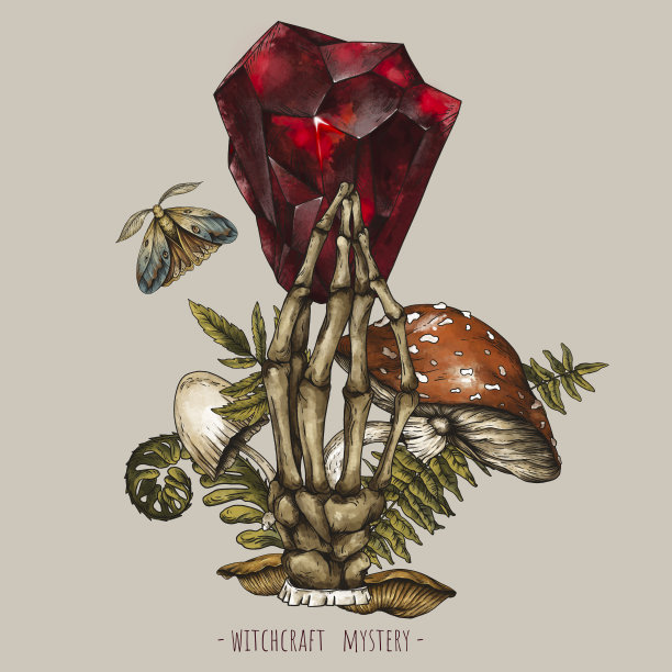 魔法女巫手和水晶插图。石榴石，鹅膏菇，蛾和蕨类植物。图片下载