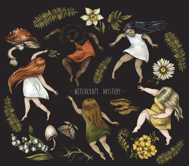 跳舞的年轻女孩，绿色女巫，神奇的植物插图图片下载