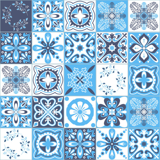 Azulejo majolica瓷砖蓝色白色传统矢量插画的墙壁装饰图片下载