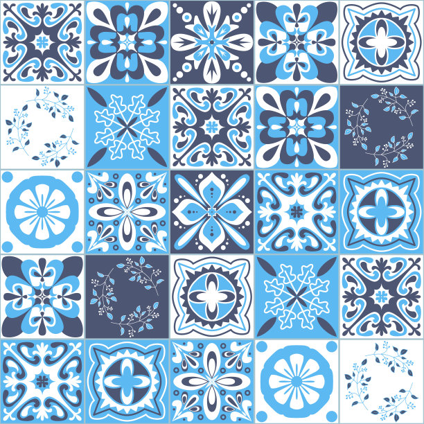 Azulejo majolica瓷砖蓝白色传统有机图案，阿拉伯风格矢量插画用于墙面装饰图片下载