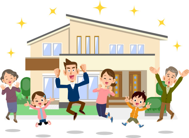 一个三代人的家庭在一个新的两户人家的房子前跳跃图片下载