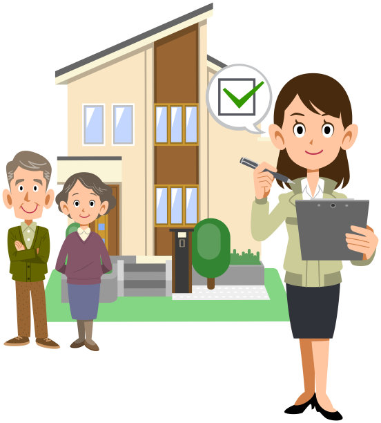 一对老年夫妇站在一所房子前，一个穿着工作服的女人在检查图片下载