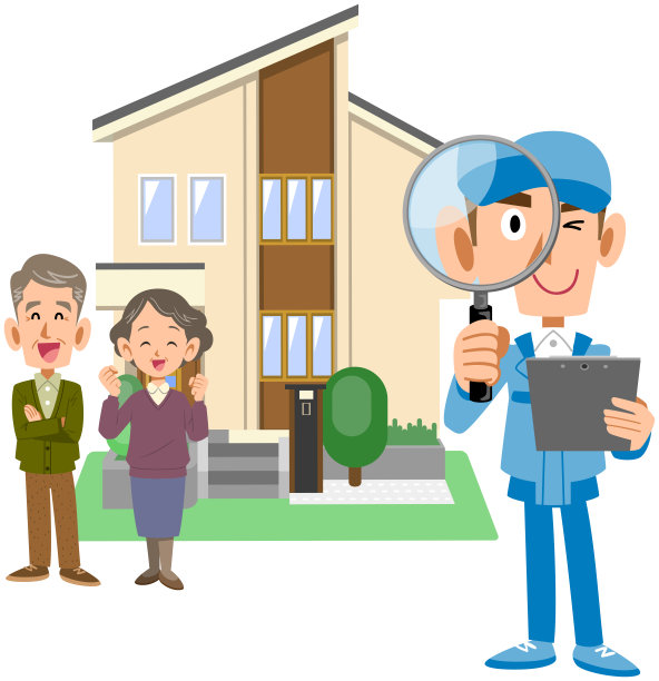 一对老夫妇站在一所房子前，一个穿着工作服的男人用放大镜检查图片下载