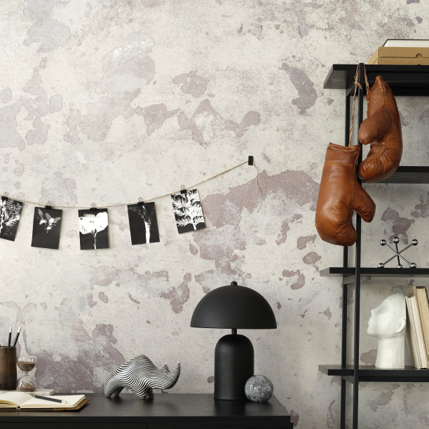 现代室内家庭办公室与黑色办公桌，办公配件，灯。架子上放个人配件。家居装饰。模板。图片下载