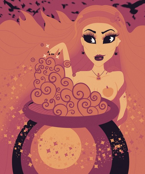 一个美丽的邪恶女巫在一个大坩埚里煮着万圣节的魔药，乌鸦在阴暗的背景下盘旋图片下载