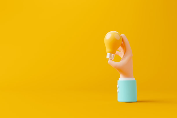 黄色背景上的手握灯泡。思维，创造性思维好想法和创新观念。3 d渲染图图片下载