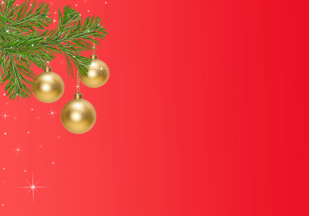 圣诞树上有三个金色的小饰品。新年圣诞背景概念。图片下载