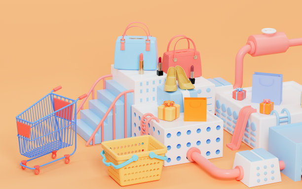 购物车和产品的橙色背景，3d渲染。图片下载