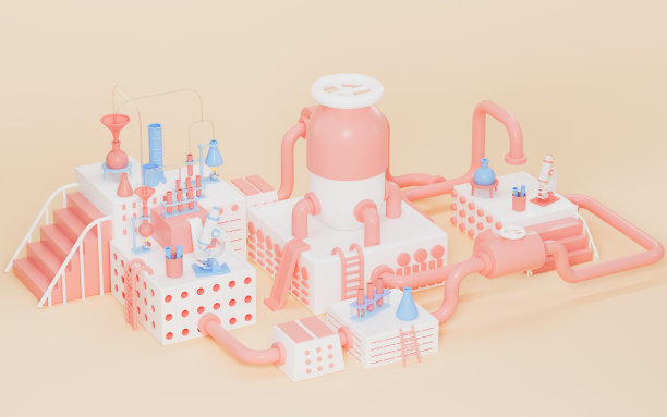 卡通实验室和实验设备，黄色背景，3d渲染。图片下载