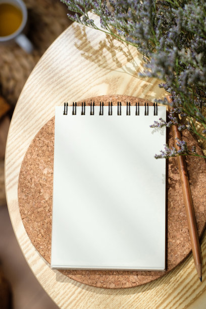 模型空白螺旋笔记本顶视图木桌子与早晨的阳光图片下载