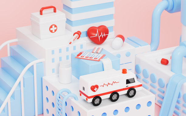 卡通医院模型及医疗器械，医疗概念主题，3d渲染。图片下载