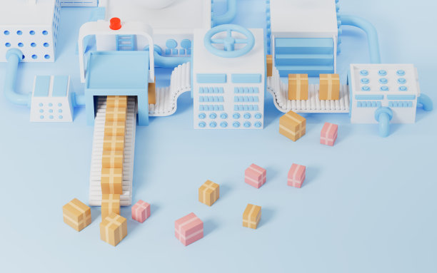 纸板箱上的传送带和蓝色装配线的背景，3d渲染。图片下载