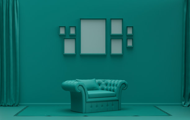 最小的客厅在平面单一柔和的深绿色与8框家具和植物图片下载