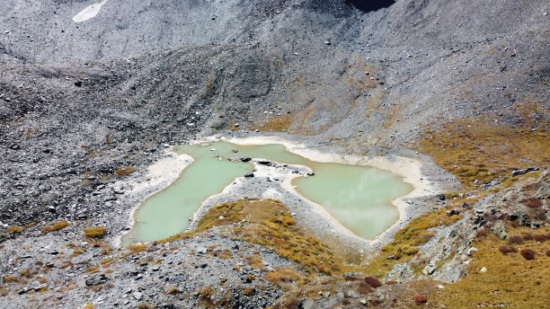 高山冰川湖。风景如画的隐蔽地点在山上。户外风格度假。冒险旅行中有野生动物，没有人。山谷景观鸟瞰图库存照片图片下载