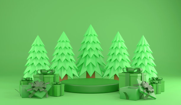 3D渲染圣诞装饰品和绿色背景上的绿色讲台，3D插图圣诞绿色单色图片下载