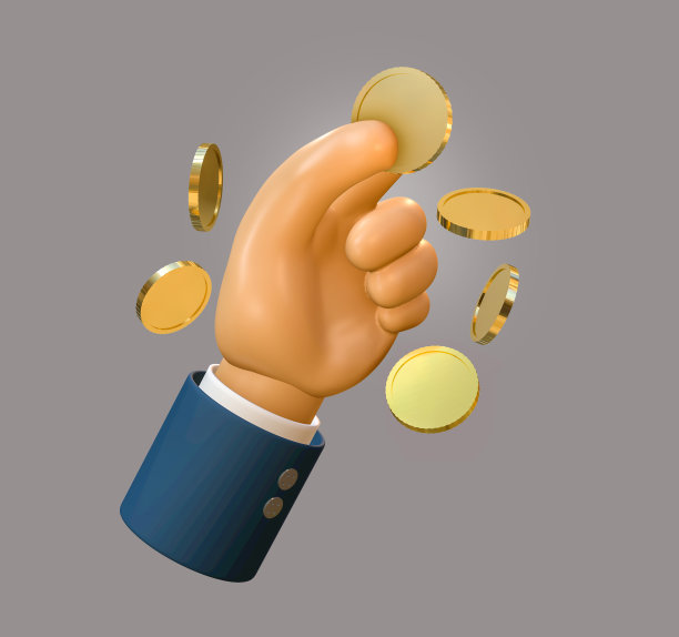 卡通手握硬币。, 3 d演示。， 3D卡通商人手拿硬币付款。图片下载