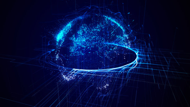 数字地球与粒子在网络空间。科学数据在全球网络中的流动。科技未来主义背景。Metaverse的概念。3 d渲染。图片下载